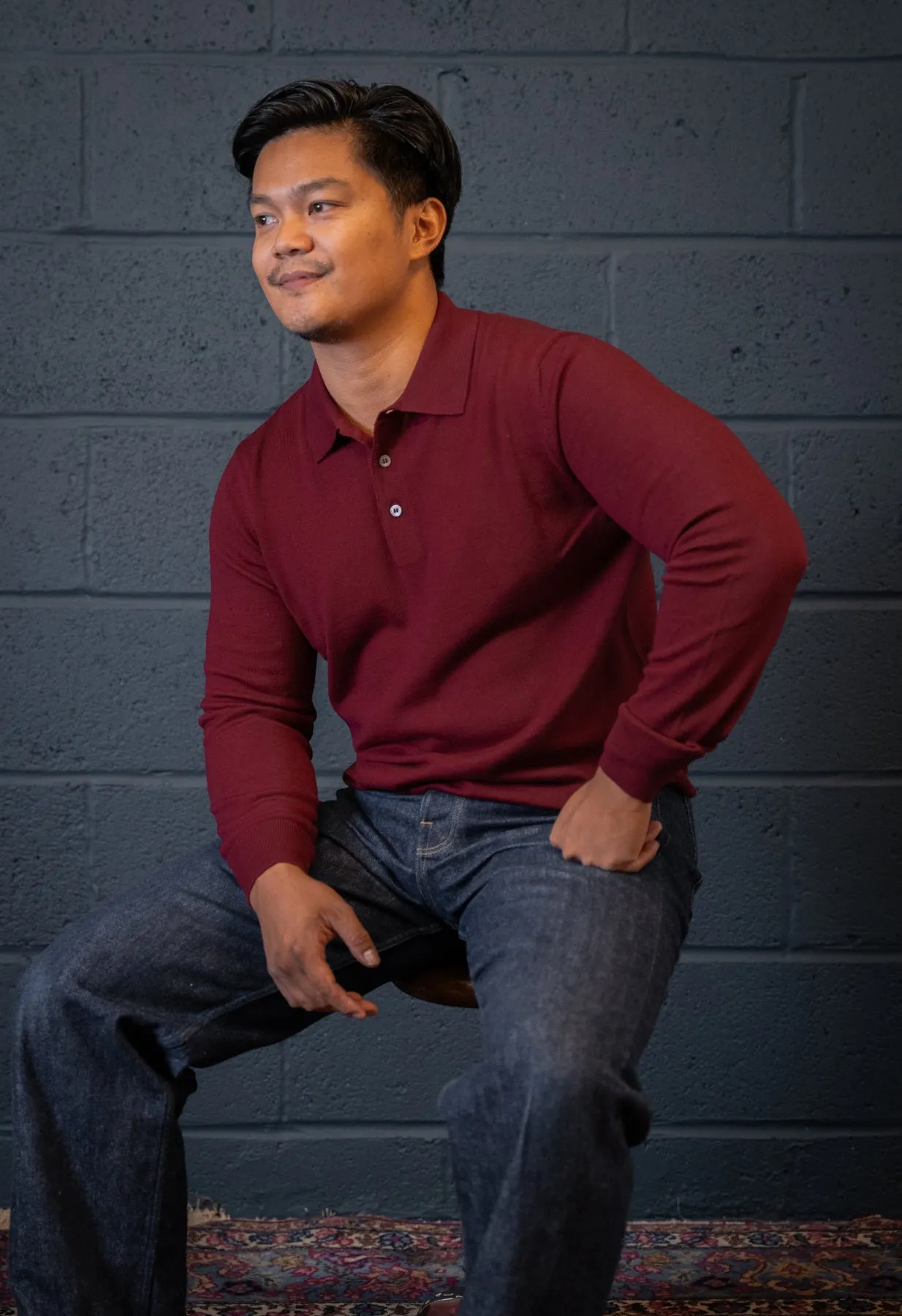 Men's Extra Fine Merino Wool Long Sleeve Polo Burgundy sold by Blackhorse Lane Ateliers product image thumbnail 2