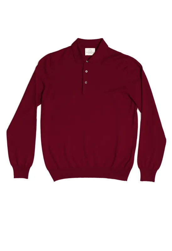 Men's Extra Fine Merino Wool Long Sleeve Polo Burgundy made by Gran Sasso