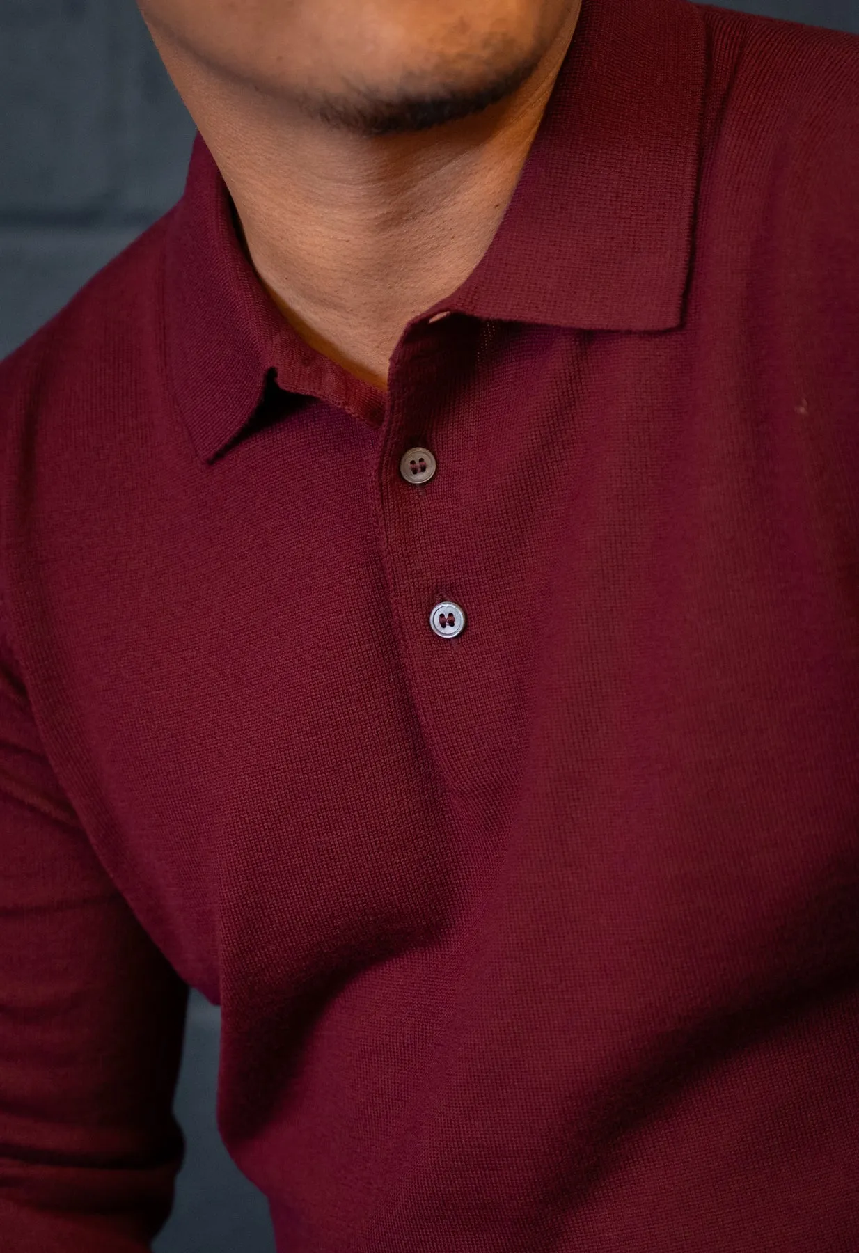 Men's Extra Fine Merino Wool Long Sleeve Polo Burgundy sold by Blackhorse Lane Ateliers product image thumbnail 4
