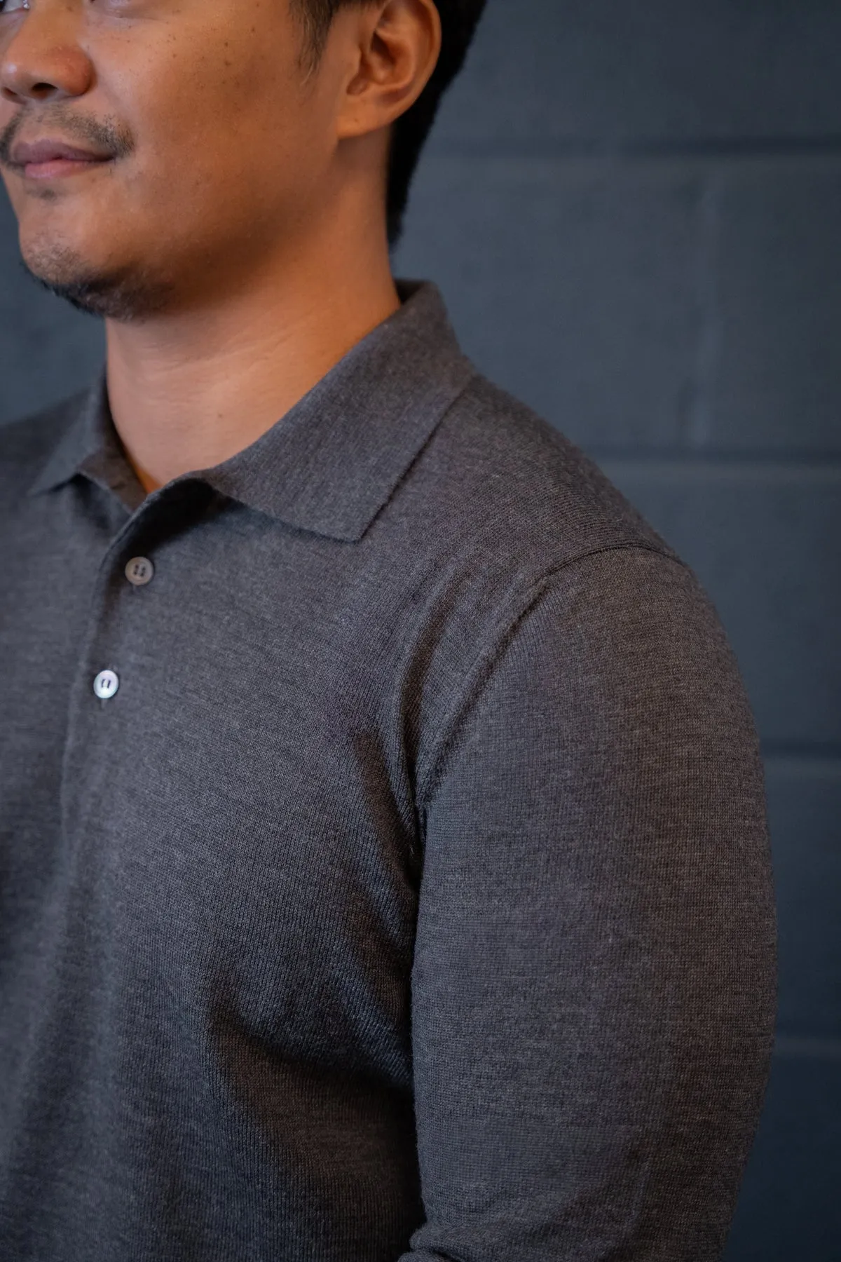 Men's Extra Fine Merino Wool Long Sleeve Polo Grey sold by Blackhorse Lane Ateliers product image thumbnail 3