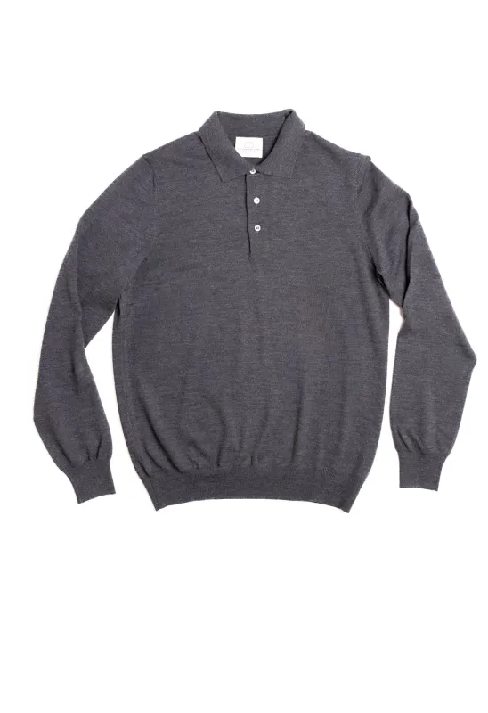 Men's Extra Fine Merino Wool Long Sleeve Polo Grey made by Gran Sasso