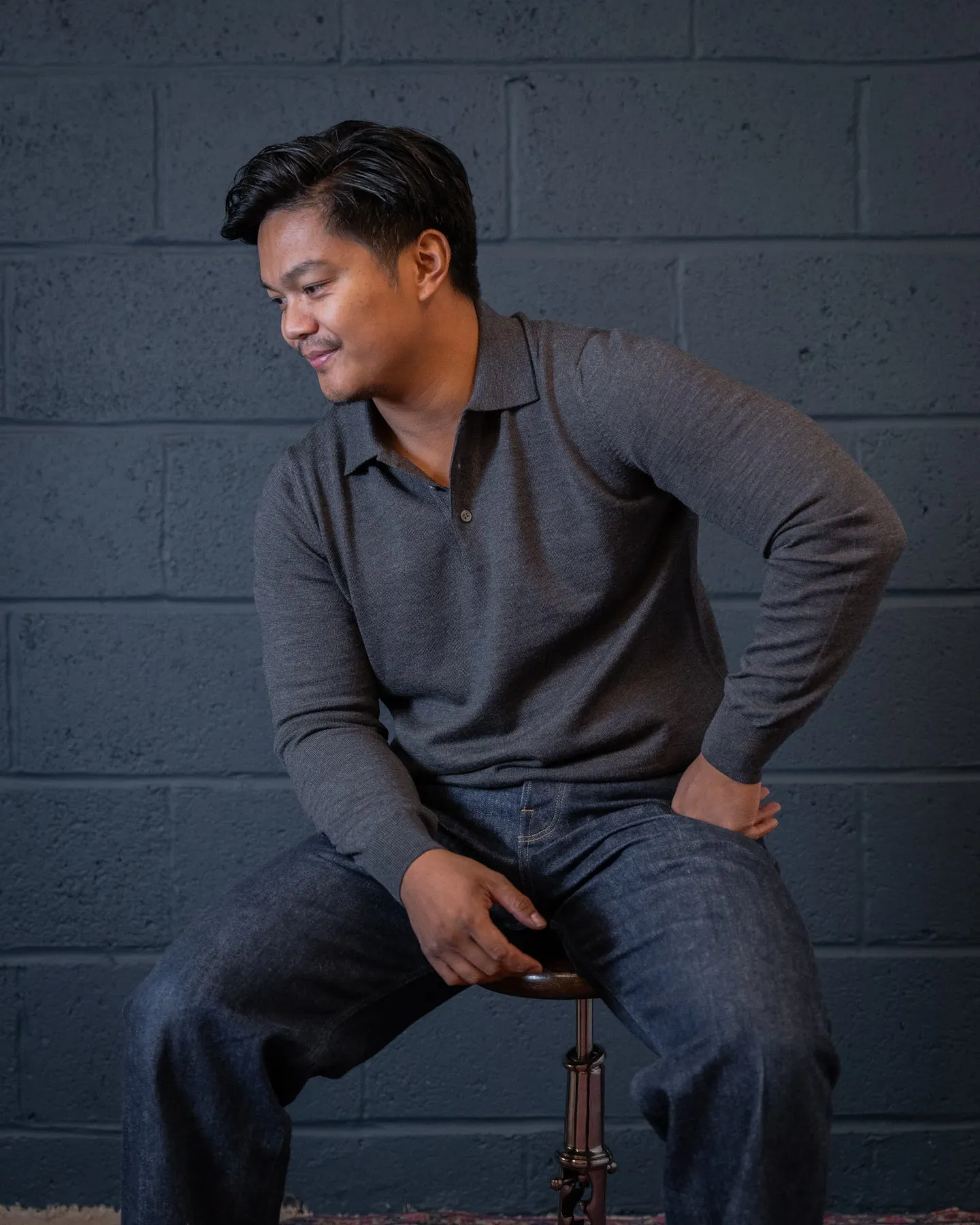 Men's Extra Fine Merino Wool Long Sleeve Polo Grey sold by Blackhorse Lane Ateliers product image thumbnail 2
