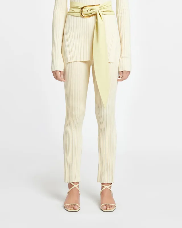 Malise - Cropped Ribbed Merino Pants - Lime Yellow/Creme sold by Nanushka