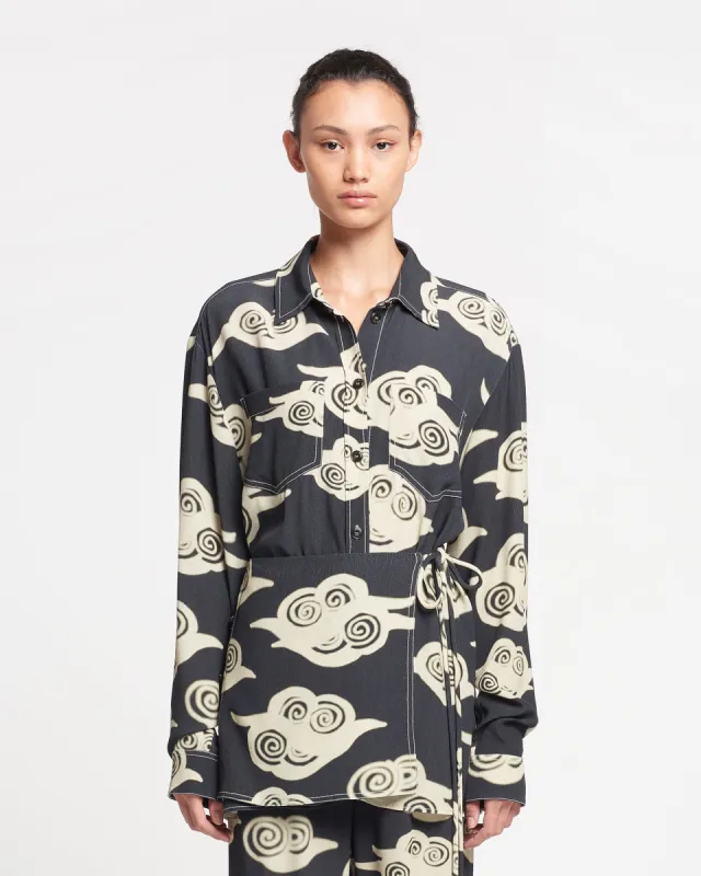 Metta - Printed Crepe Shirt Dress - Cloud Black/Creme sold by Nanushka