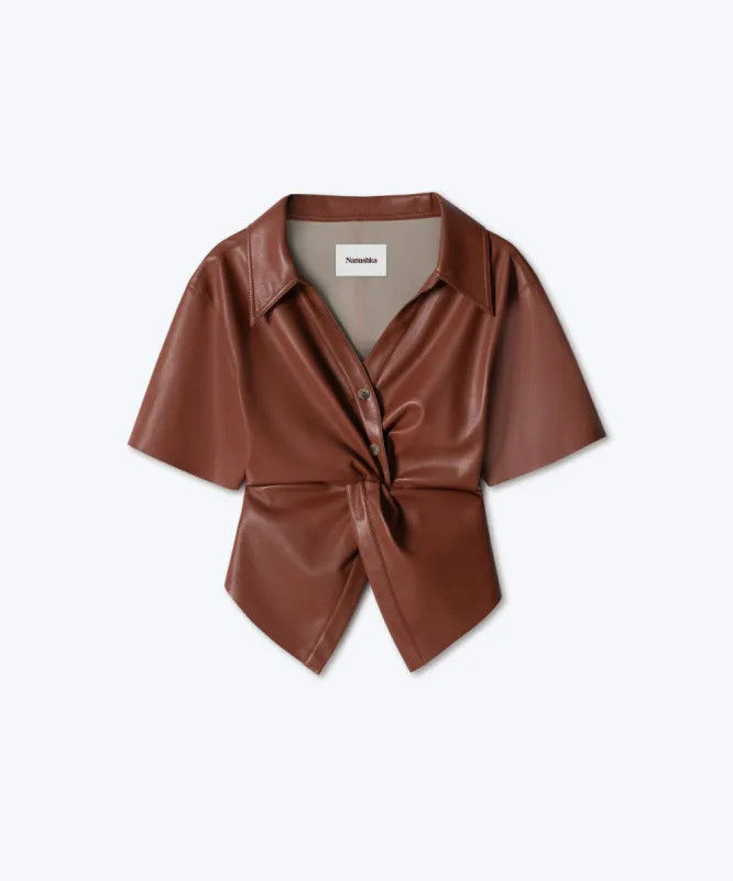Thora - Twist-Front Vegan Leather Shirt - Brick sold by Nanushka