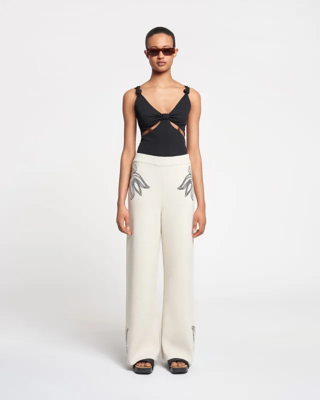 Emmie - Embroidered Textured-Linen Pants - Natural/Black sold by Nanushka