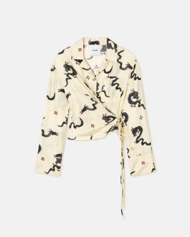 Merano - Slip Satin Wrap Shirt - Creme-Aquarelle Dragon Print sold by Nanushka