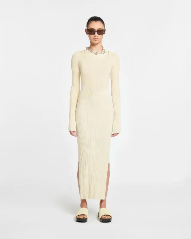 Maeron - Ribbed Merino Wool Dress - Lime Yellow/Creme sold by Nanushka