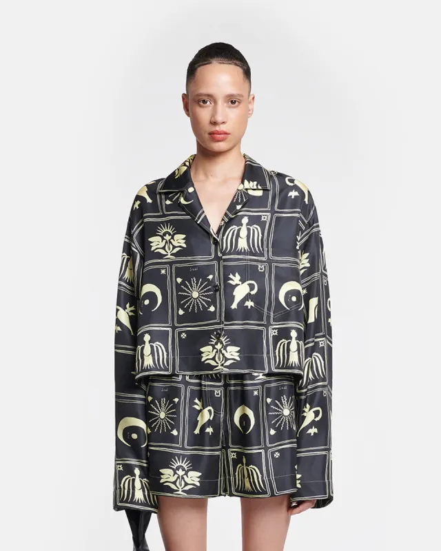Vally - Cropped Printed Silk-Twill Shirt - Folk Art Black sold by Nanushka