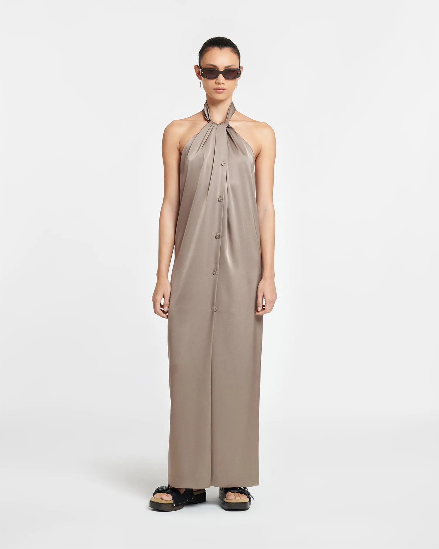 Elima - Slip Satin Halterneck Dress - Clay sold by Nanushka