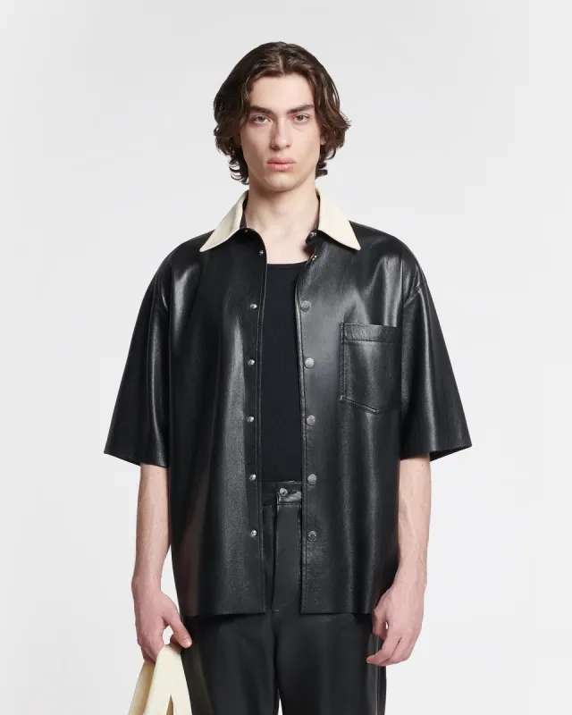 Aksel - Denim-Trimmed Okobor™ Alt-Leather Shirt - Black sold by Nanushka