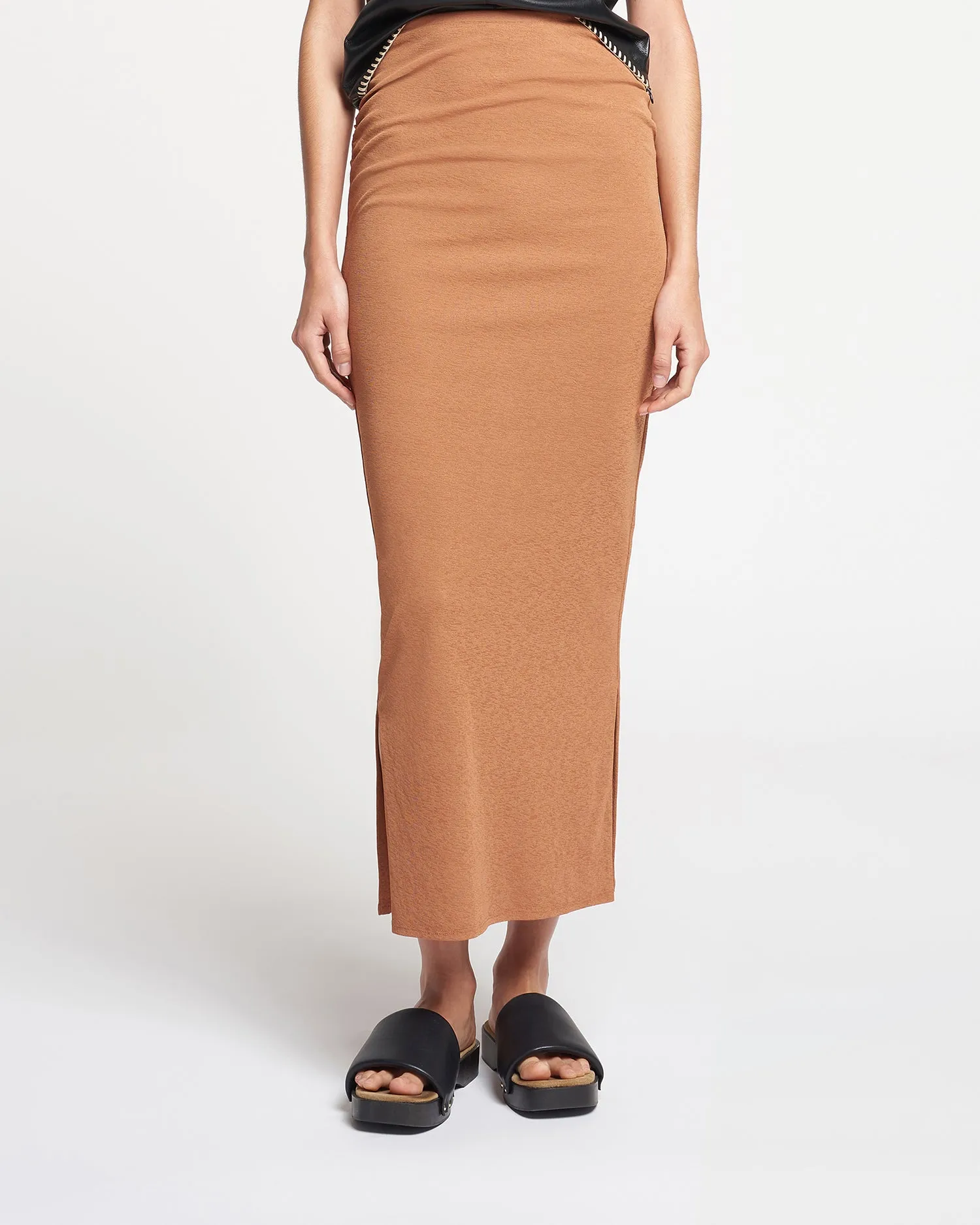 Norine - Ruched Mesh-Jersey Midi Skirt - Caramel sold by Nanushka