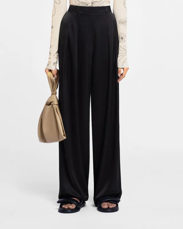 Lynda - Pleated Slip Satin Pants - Black made by Nanushka