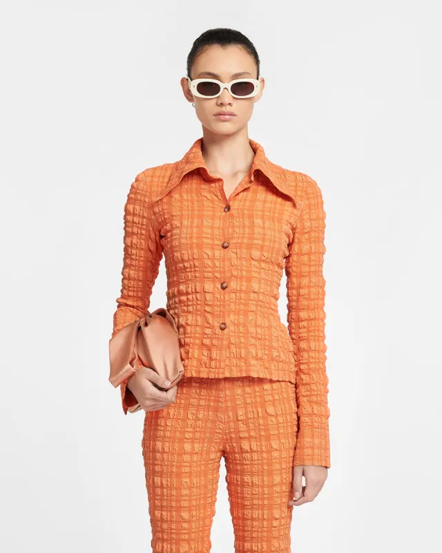 Lotte - Checked Seersucker Shirt - Sunset Orange sold by Nanushka