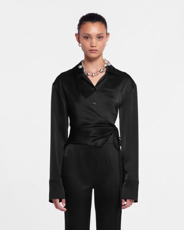 Merano - Slip Satin Wrap Shirt - Black sold by Nanushka