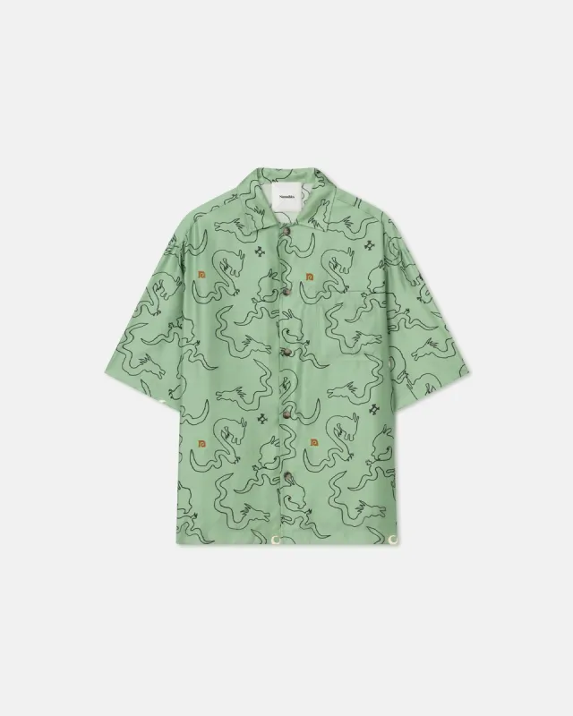 Caspian - Draped Twill Silk Shirt - Green-Aquarelle Dragon Print sold by Nanushka
