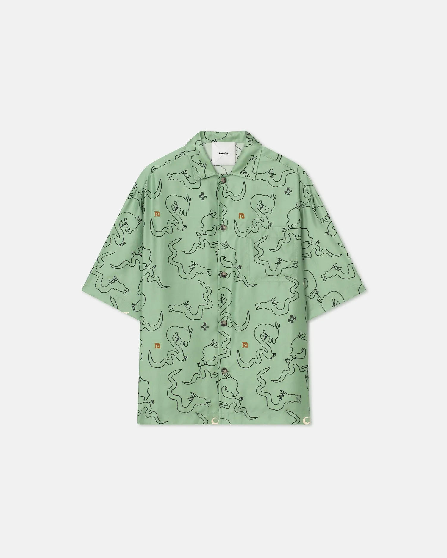 Caspian - Draped Twill Silk Shirt - Green-Aquarelle Dragon Print sold by Nanushka