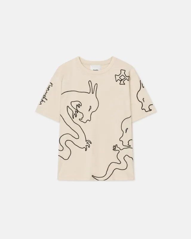 Reece - Cotton T-shirt - Creme-Black Dragon Embroidery sold by Nanushka