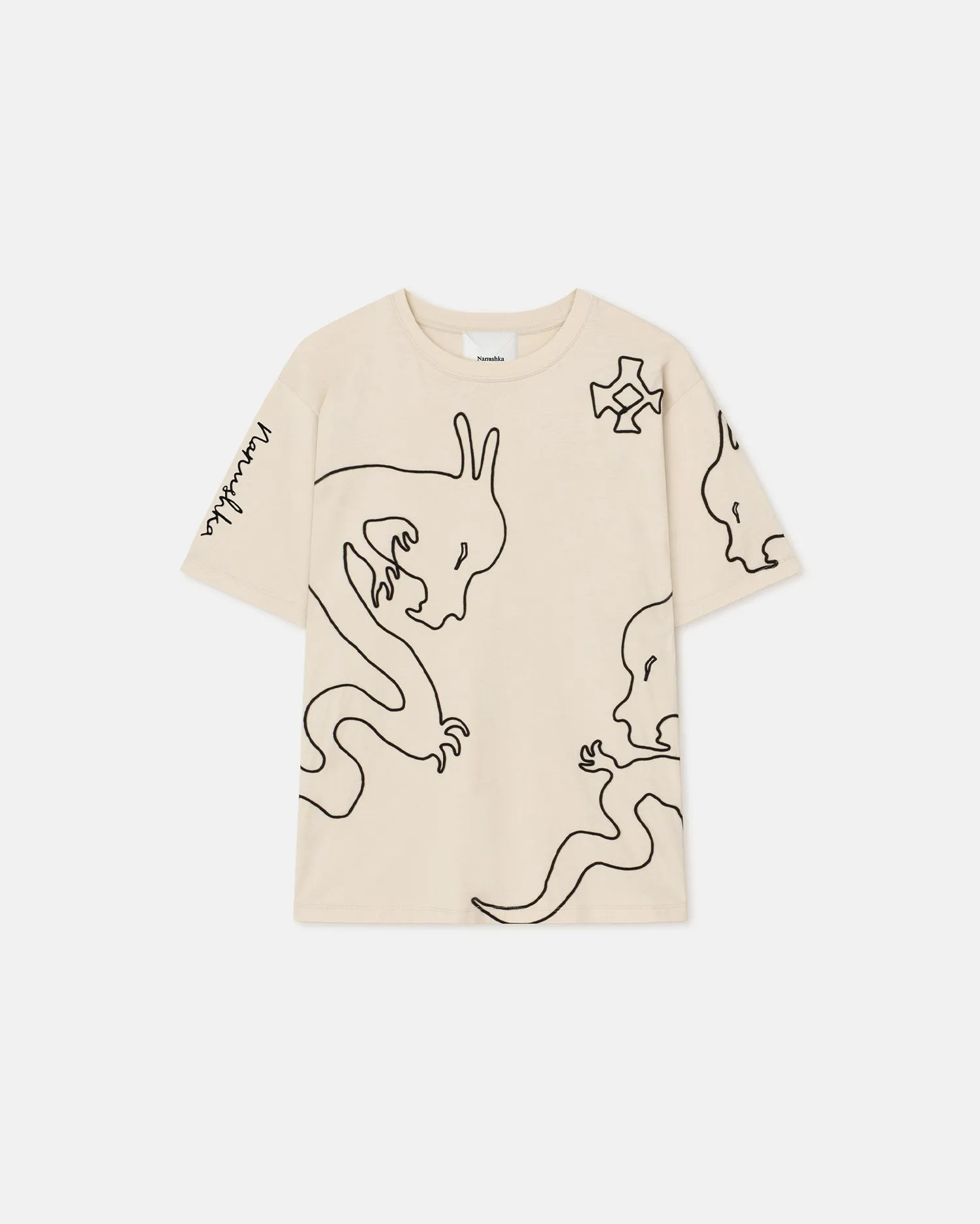 Reece - Cotton T-shirt - Creme-Black Dragon Embroidery sold by Nanushka