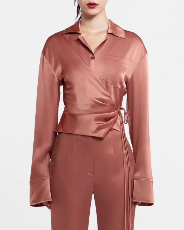 Merano - Sale Slip Satin Wrap Shirt - Brown Terra sold by Nanushka