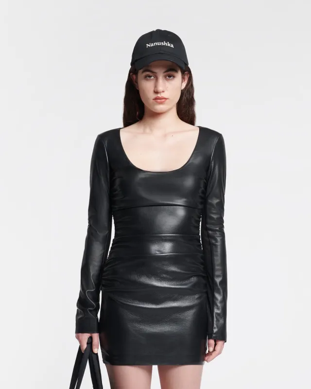 Sosha - Ruched Okobor™ Alt-Leather Mini Dress - Black made by Nanushka