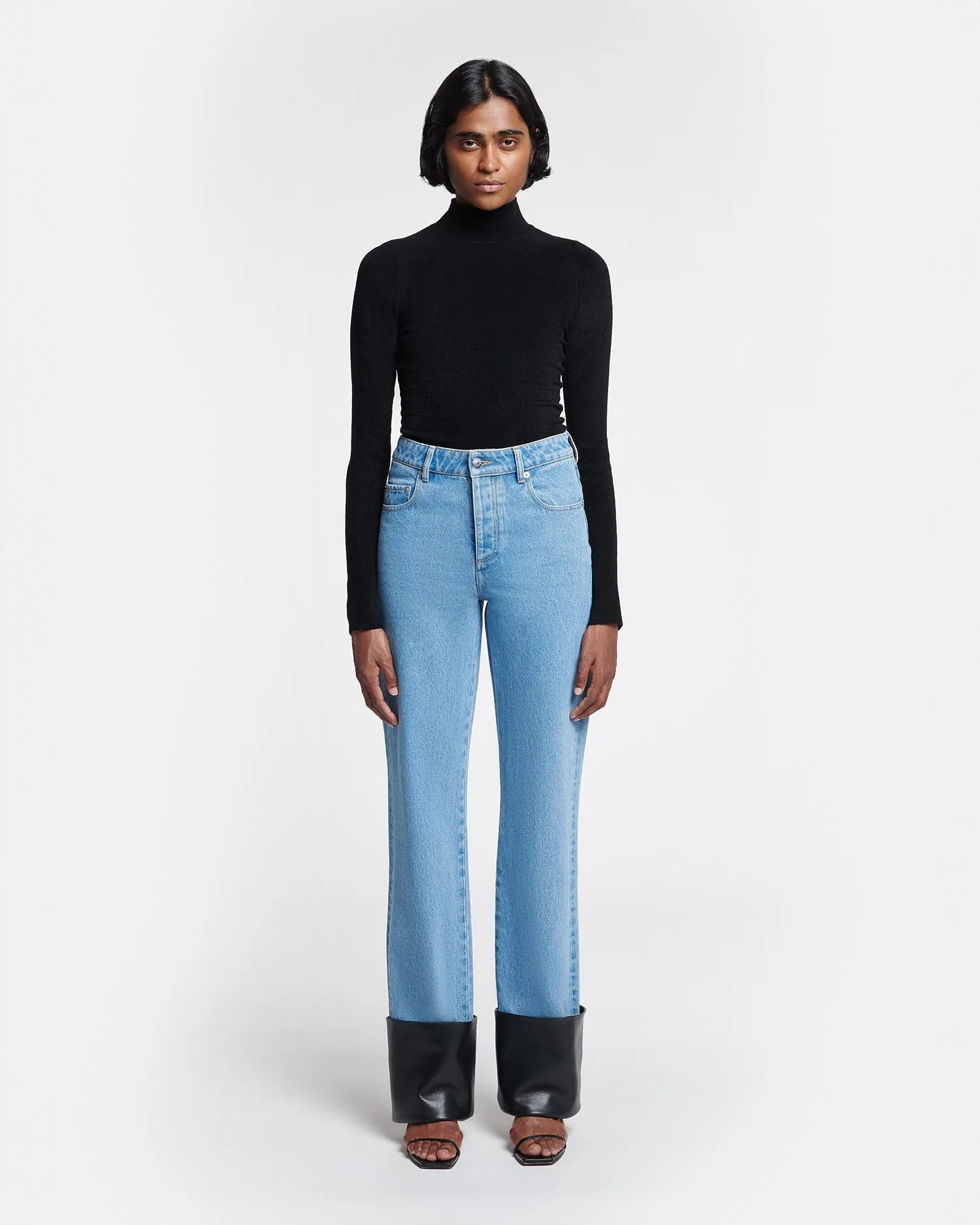 Raynee - Leather-Trimmed Straight-Leg Jeans - Mid Blue sold by Nanushka