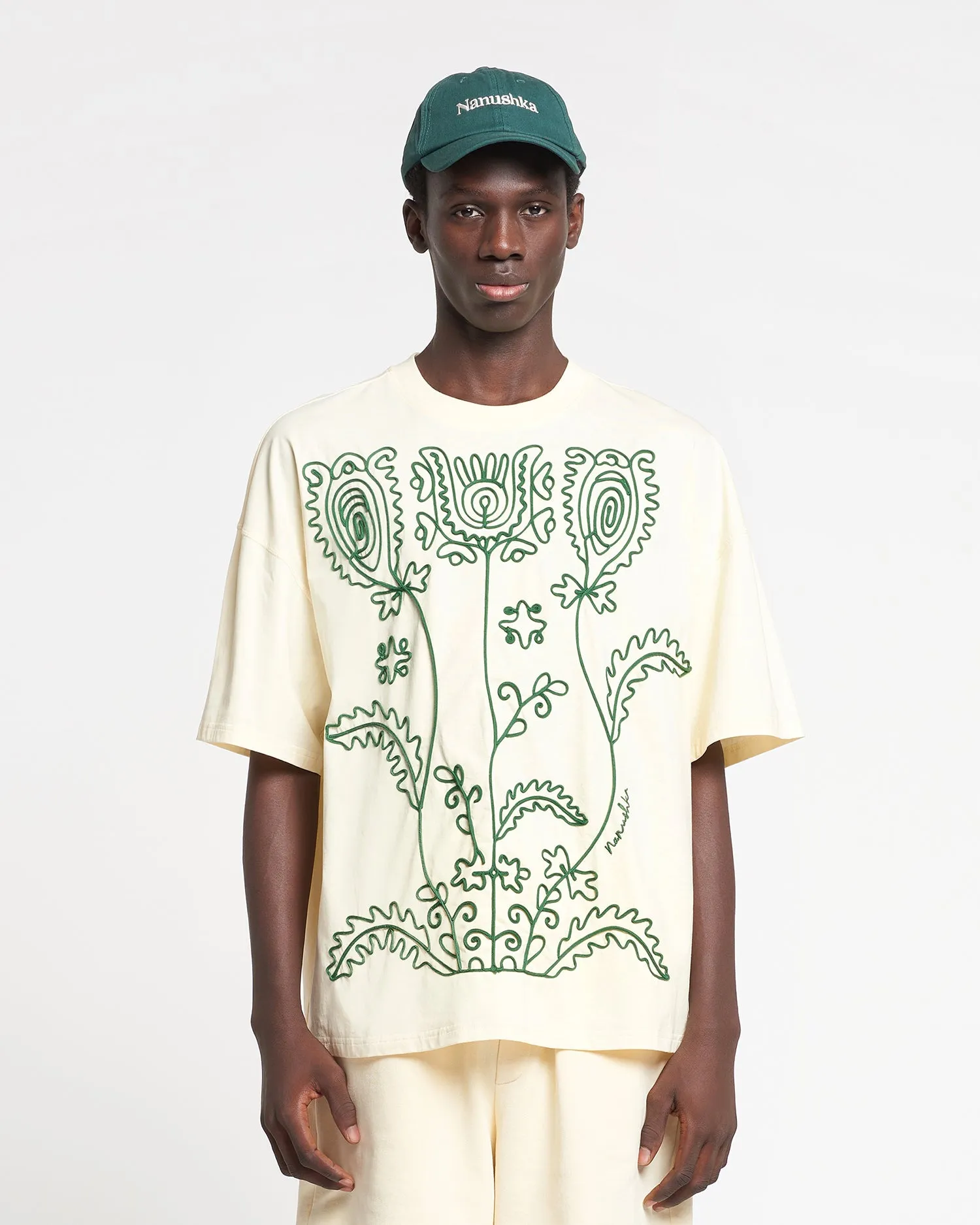 Wren - Embroidered Cotton-Jersey T-Shirt - Creme/Green sold by Nanushka product image thumbnail 2