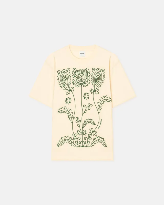 Wren - Embroidered Cotton-Jersey T-Shirt - Creme/Green sold by Nanushka