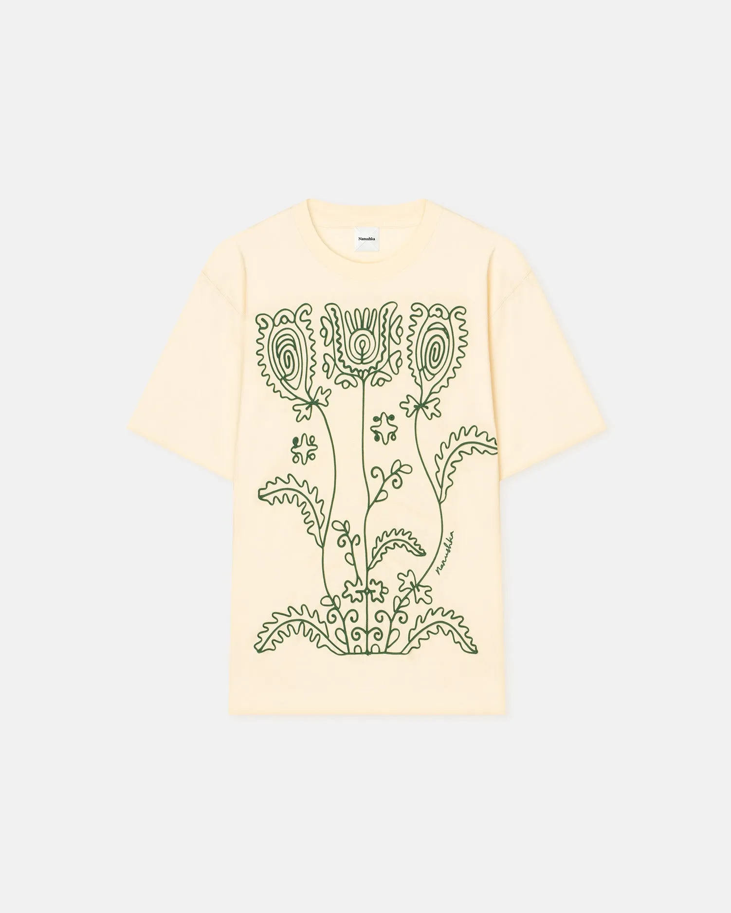Wren - Embroidered Cotton-Jersey T-Shirt - Creme/Green sold by Nanushka
