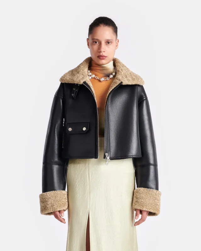 Jemma - Bonded Shearling Jacket - Cornstalk/Black sold by Nanushka