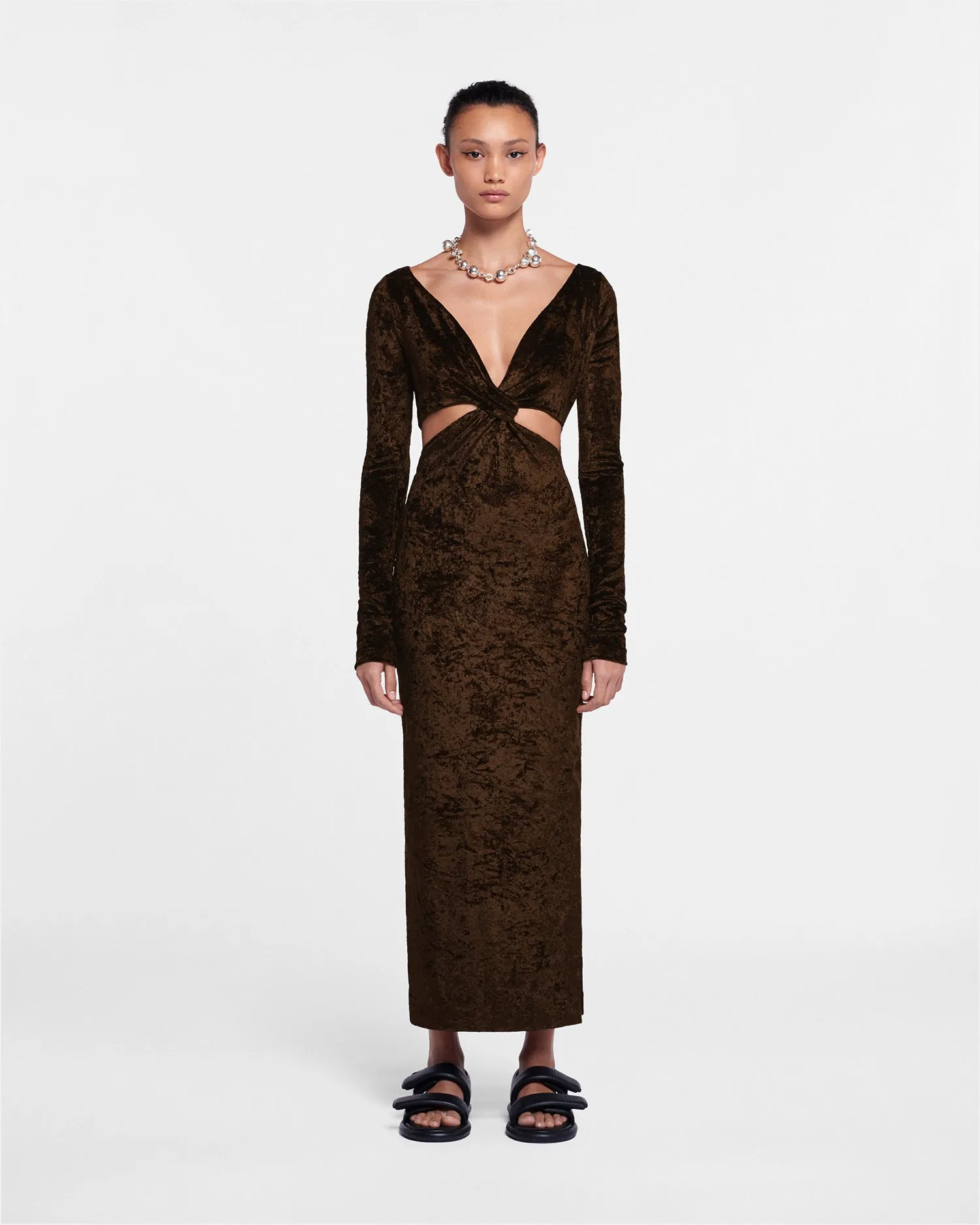 Zanee - Sale Cut-Out Crushed-Velvet Dress - Dark Brown sold by Nanushka product image thumbnail 2