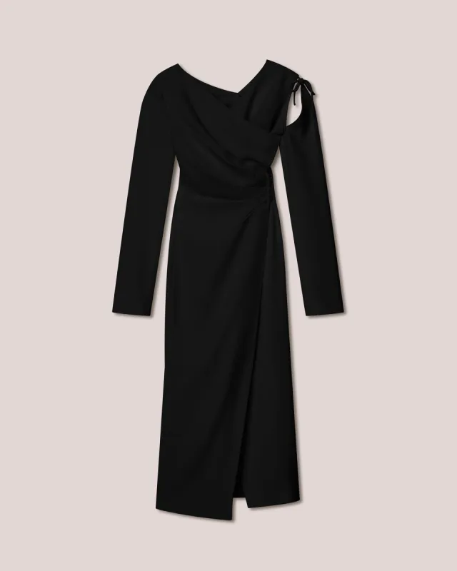 Weslyn - Boucle-Crepe Assymetric Ruched Dress - Black sold by Nanushka
