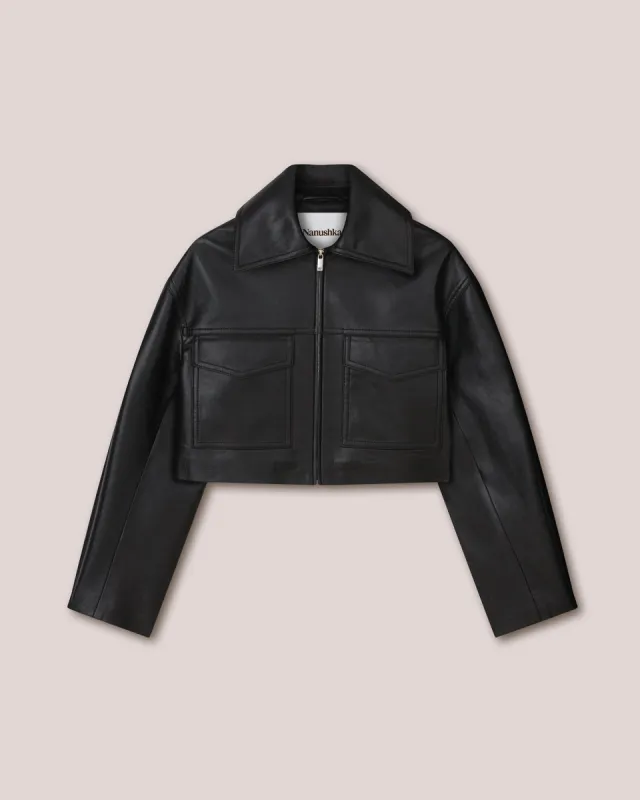Sapir - Slim Regenerated Leather Boxy Cropped Jacket - Black sold by Nanushka