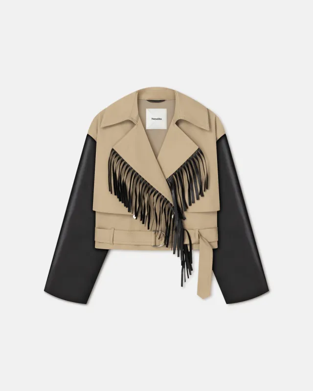Kazia - Fringed Twill and Regenerated Leather Jacket - Beige/Black sold by Nanushka