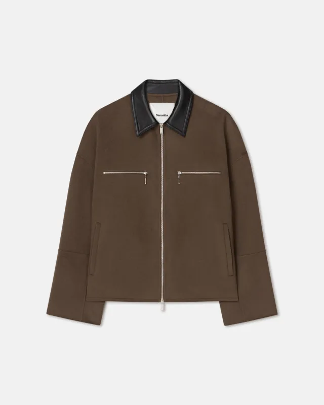 Malachi - Double Wool and Regenerated Leather Jacket - Clay/Black sold by Nanushka