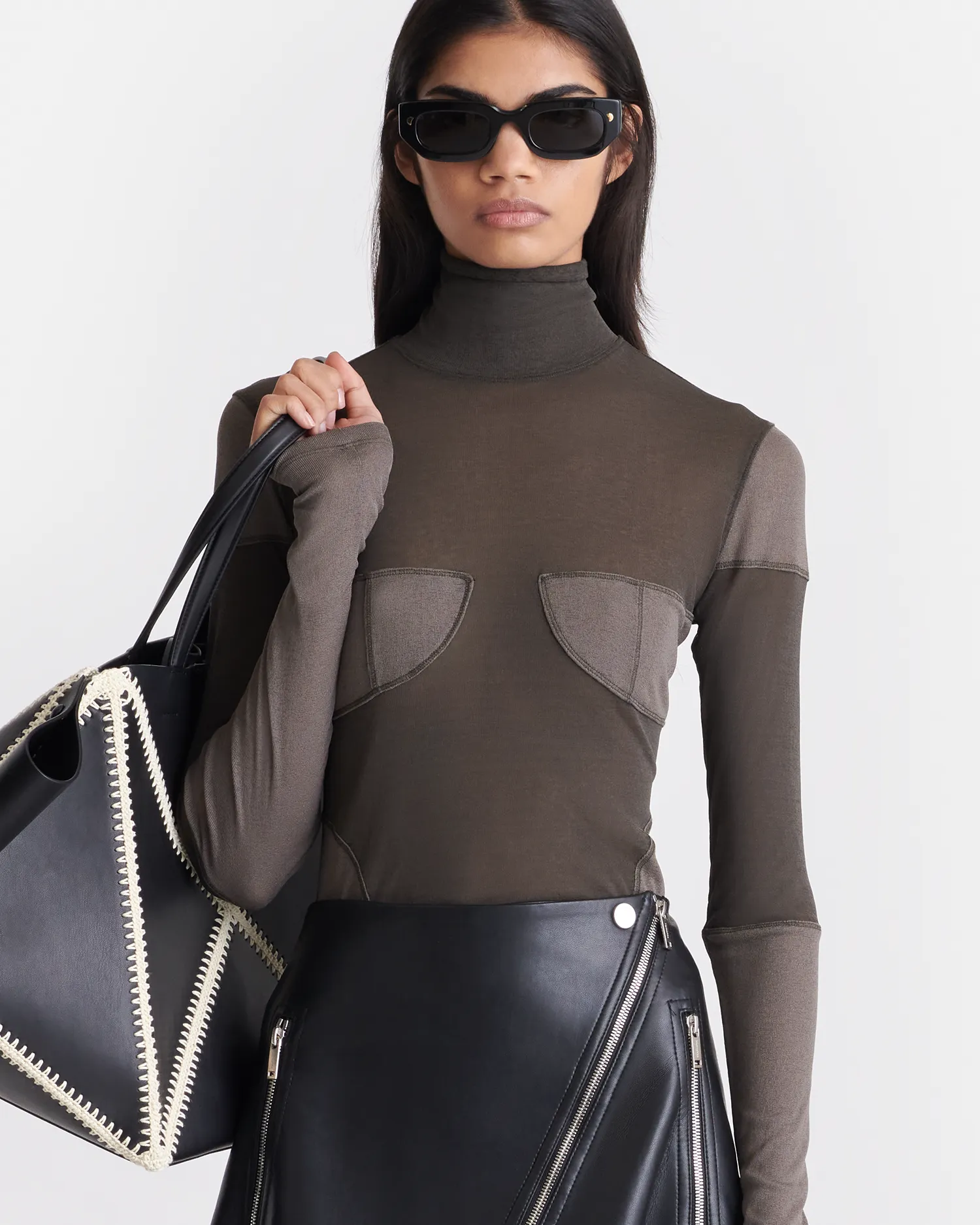 Klaris - Patchwork Jersey Top - Dark Moss/Fossil Grey sold by Nanushka