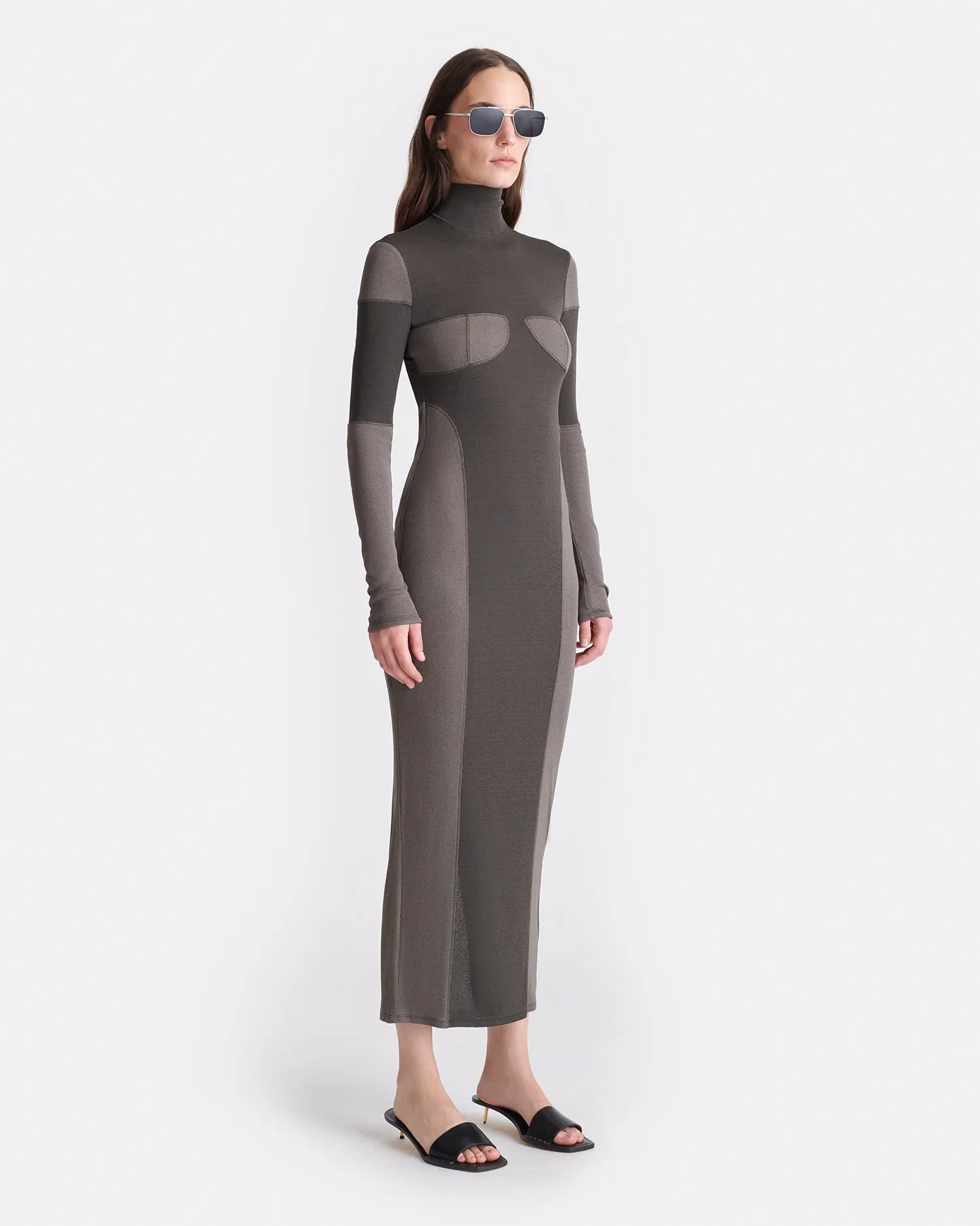 Imelda - Patchwork Mesh Jersey Midi Dress - Dark Moss/Fossil Grey sold by Nanushka