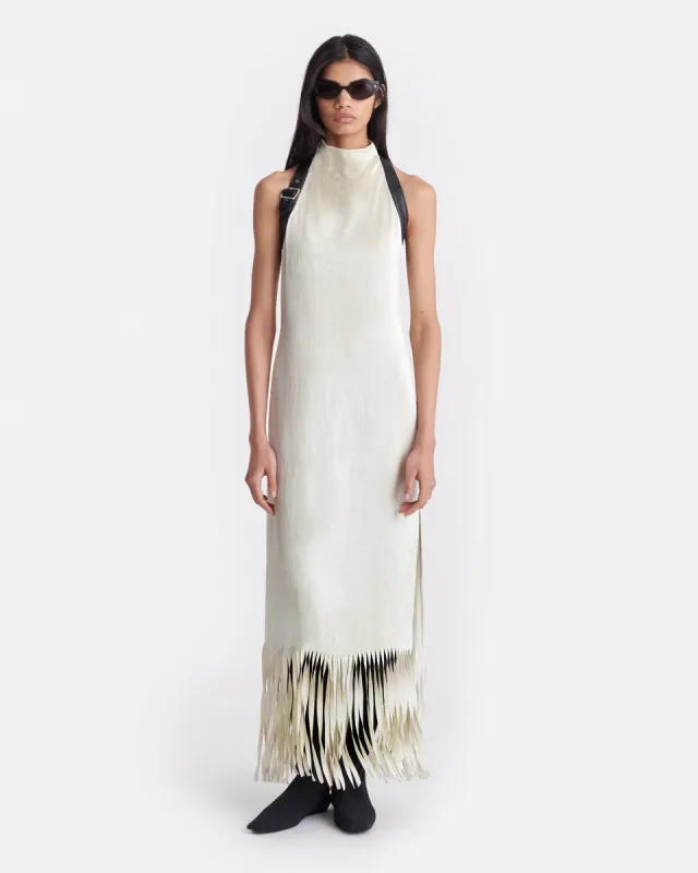 Miruna - Fringed Crinkled Satin Midi Dress - Ecru sold by Nanushka