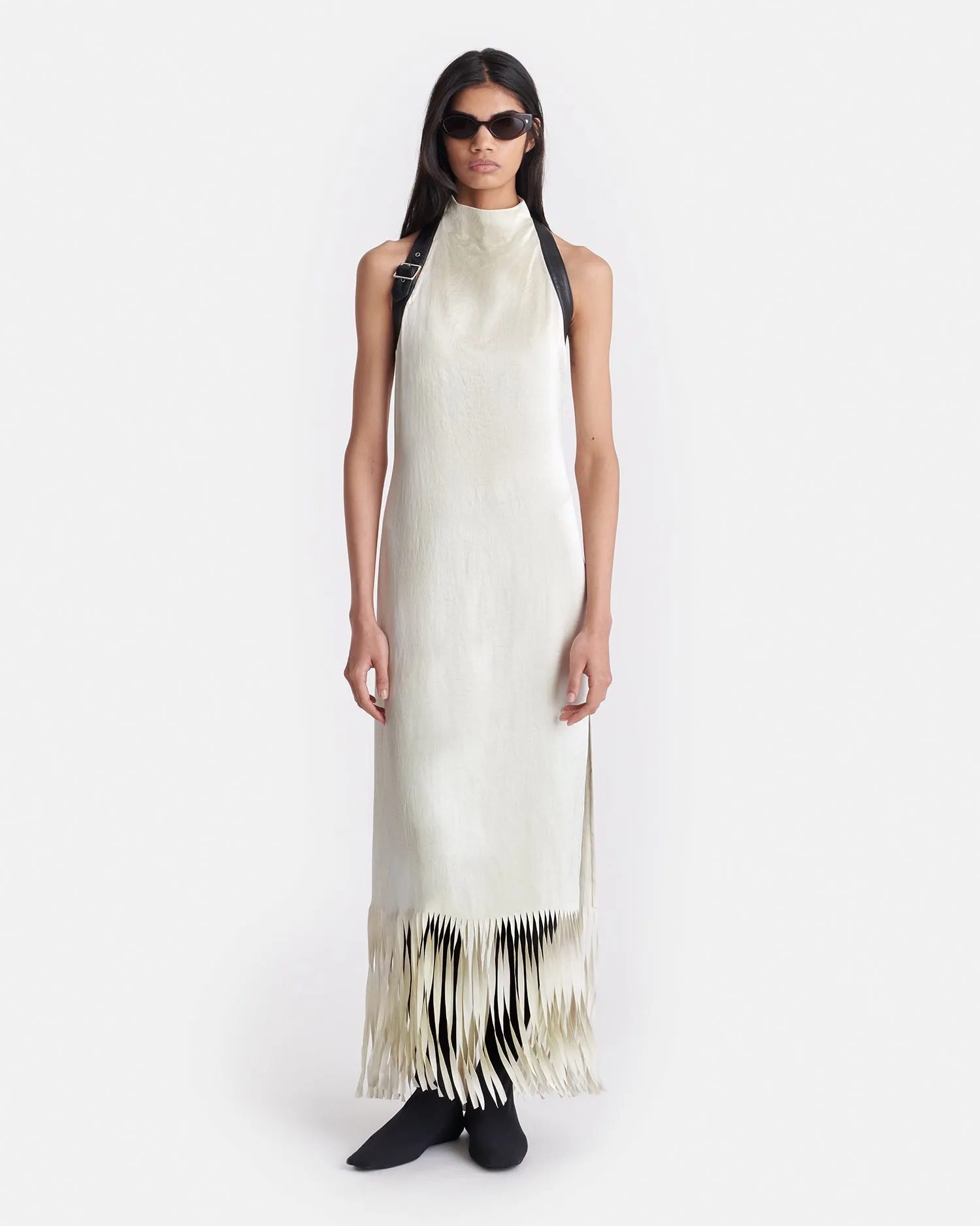 Miruna - Fringed Crinkled Satin Midi Dress - Ecru sold by Nanushka