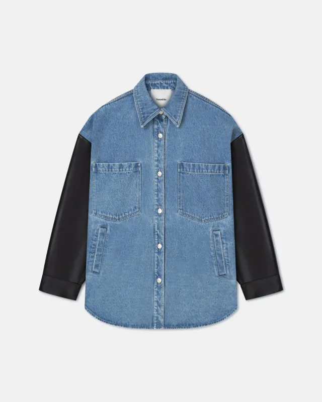 Zinnie - Denim and Regenerated Leather Shirt - Mid Blue-Black sold by Nanushka