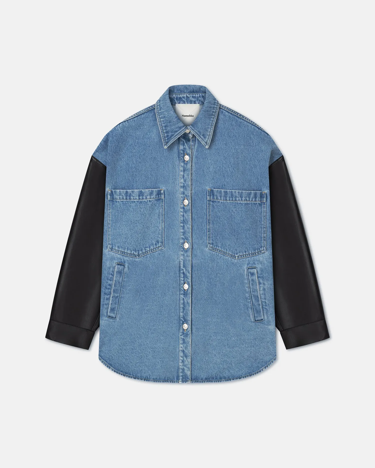 Zinnie - Denim and Regenerated Leather Shirt - Mid Blue-Black sold by Nanushka