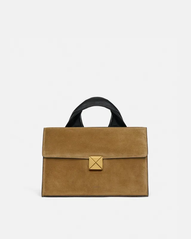 The SANDI Lock - Top Handle Bag - Brown Suede sold by Nanushka