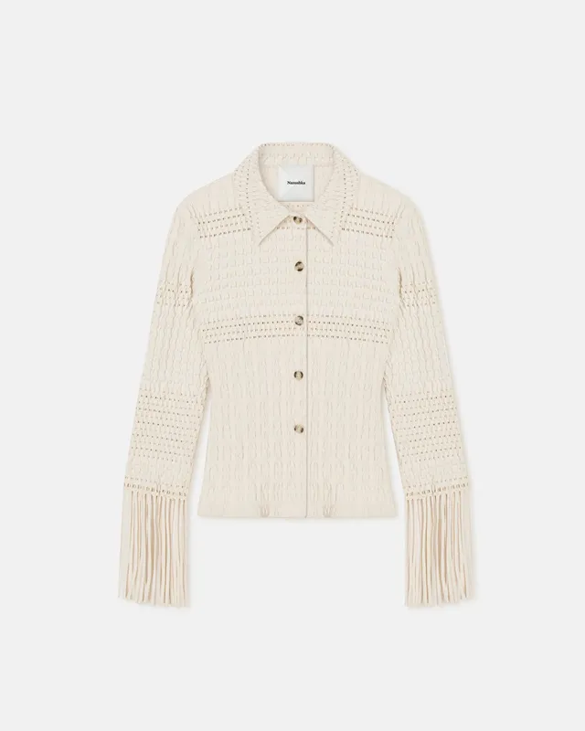 Niceta - Fringed Woven Seersucker Shirt - Creme sold by Nanushka