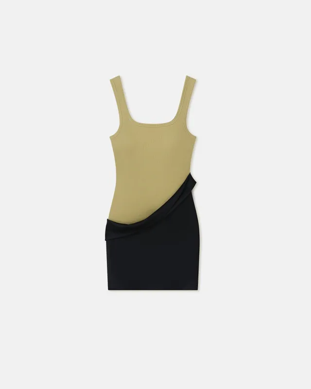 Marijn - Ribbed Jersey and Slip Satin Dress - Black/Olive Green sold by Nanushka