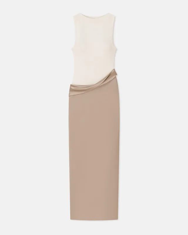 Cobee - Ribbed Jersey and Slip Satin Dress - Dune/Creme sold by Nanushka