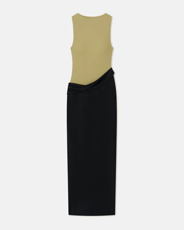 Cobee - Ribbed Jersey and Slip Satin Dress - Black/Olive Green sold by Nanushka