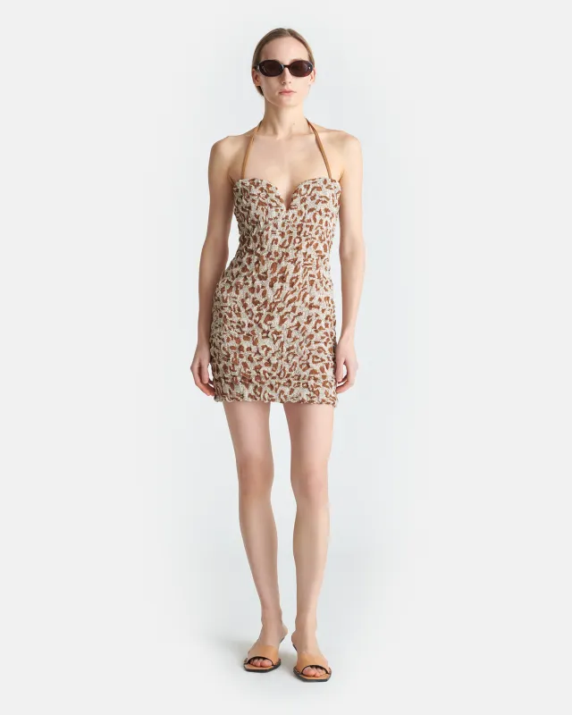 Jannika - Seersucker Cotton Voile Mini Dress - Ocelot sold by Nanushka