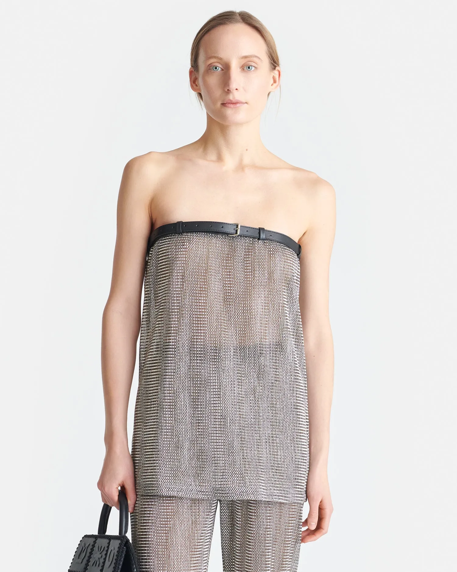 Gilma - Leather-Trimmed Metallic Top - Silver/Black sold by Nanushka