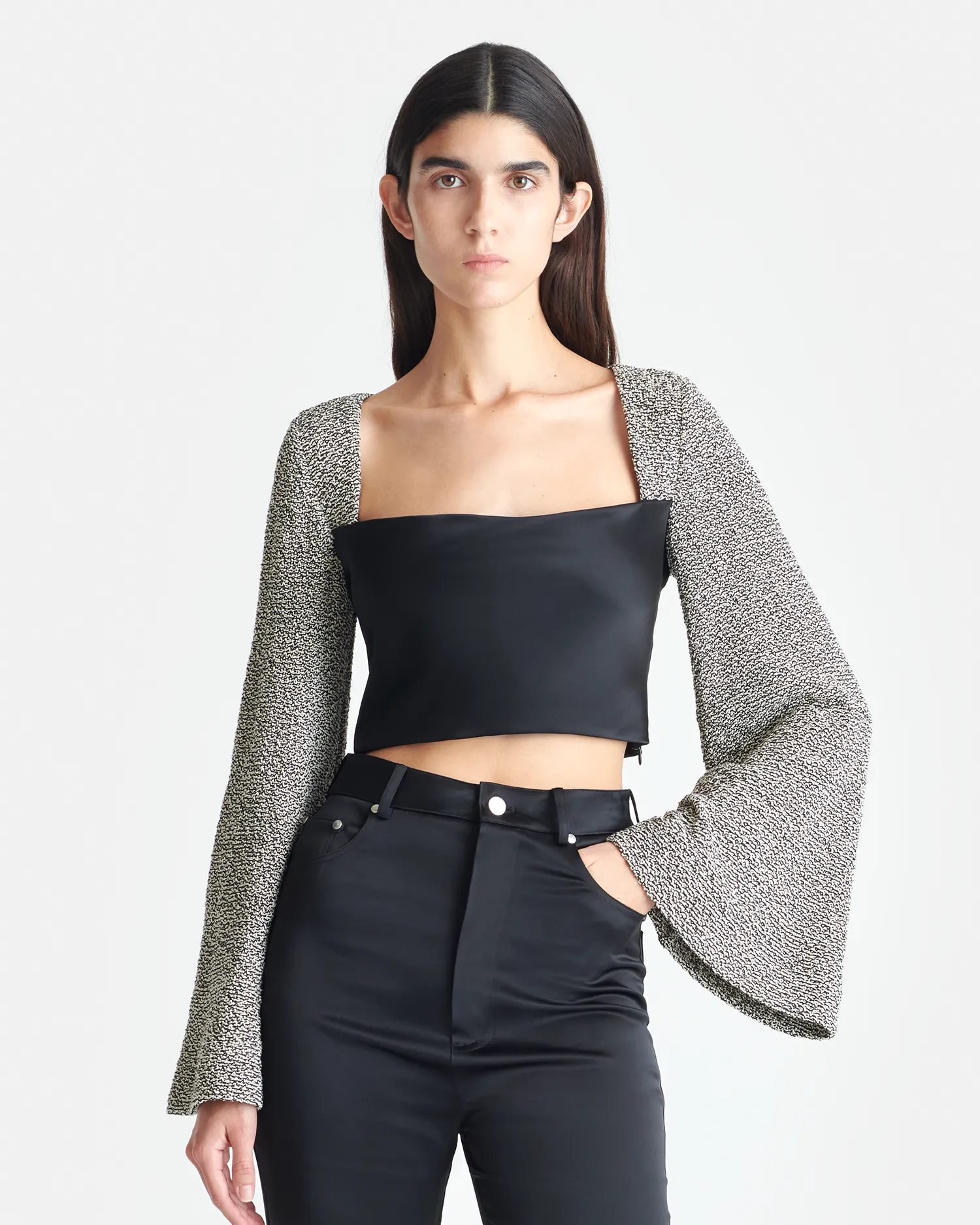 Tasula - Slip Satin and Loopback Cotton Top - Black/Mouline sold by Nanushka