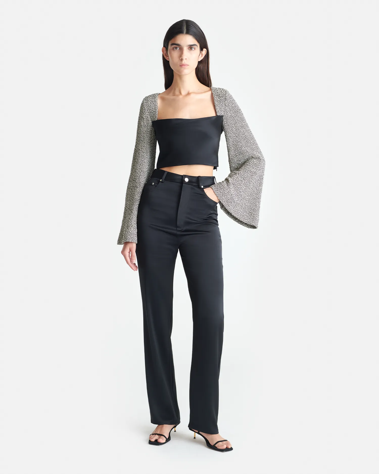 Tasula - Slip Satin and Loopback Cotton Top - Black/Mouline sold by Nanushka product image thumbnail 2